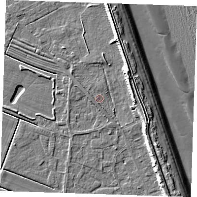 Shaded relief map of the ground around LN122LB, computed from Environment Agency LiDAR. The ground here sits at about 2 m above sea level and falls 12 m across the surrounding 800 m. Surface water reaching this point runs off ground lying to the east-north-east, 7.6 m higher.