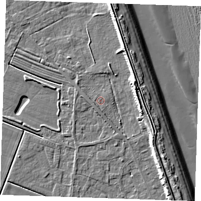 Shaded relief map of the ground around LN122LD, computed from Environment Agency LiDAR. The ground here sits at about 2 m above sea level and falls 12 m across the surrounding 800 m. Surface water reaching this point runs off ground lying to the east-north-east, 7.6 m higher.