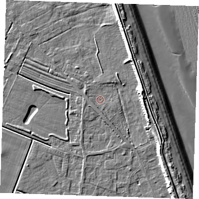 Shaded relief map of the ground around LN122LE, computed from Environment Agency LiDAR. The ground here sits at about 2 m above sea level and falls 11 m across the surrounding 800 m. Surface water reaching this point runs off ground lying to the east, 7.7 m higher.