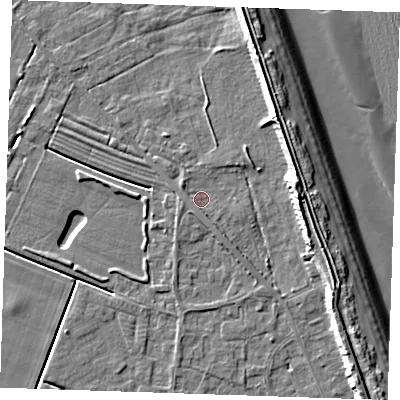 Shaded relief map of the ground around LN122LF, computed from Environment Agency LiDAR. The ground here sits at about 2 m above sea level and falls 11 m across the surrounding 800 m. Surface water reaching this point runs off ground lying to the east, 7.7 m higher.