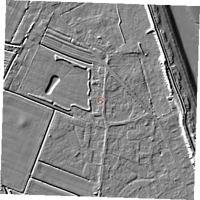 Shaded relief map of the ground around LN122LG, computed from Environment Agency LiDAR. The ground here sits at about 2 m above sea level and falls 11 m across the surrounding 800 m. Surface water reaching this point runs off ground lying to the east-south-east, 0.7 m higher.