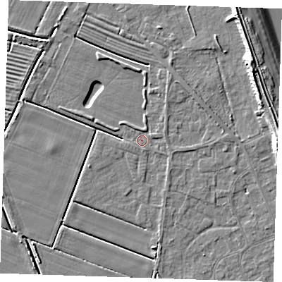 Shaded relief map of the ground around LN122LH, computed from Environment Agency LiDAR. The ground here sits at about 2 m above sea level and falls 10 m across the surrounding 800 m. Surface water reaching this point runs off ground lying to the east-south-east, 0.8 m higher.