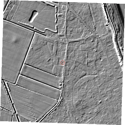 Shaded relief map of the ground around LN122LJ, computed from Environment Agency LiDAR. The ground here sits at about 2 m above sea level and falls 9 m across the surrounding 800 m. Surface water reaching this point runs off ground lying to the north-north-east, 0.9 m higher.