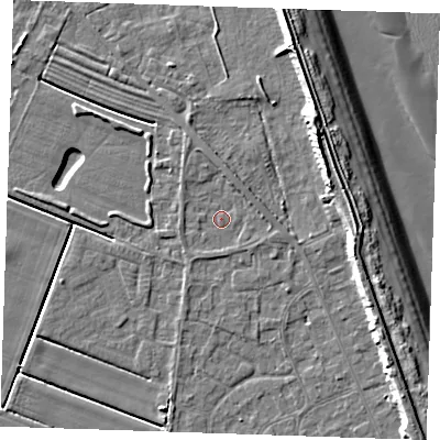 Shaded relief map of the ground around LN122LL, computed from Environment Agency LiDAR. The ground here sits at about 2 m above sea level and falls 11 m across the surrounding 800 m. Surface water reaching this point runs off ground lying to the south, 0.7 m higher.