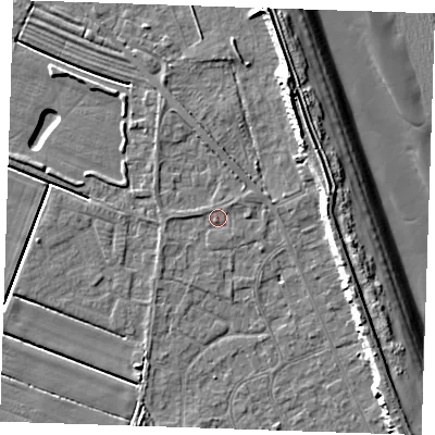 Shaded relief map of the ground around LN122LN, computed from Environment Agency LiDAR. The ground here sits at about 2 m above sea level and falls 11 m across the surrounding 800 m. Surface water reaching this point runs off ground lying to the north, 1.4 m higher.