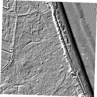 Shaded relief map of the ground around LN122LP, computed from Environment Agency LiDAR. The ground here sits at about 2 m above sea level and falls 10 m across the surrounding 800 m. Surface water reaching this point runs off ground lying to the north, 0.6 m higher.