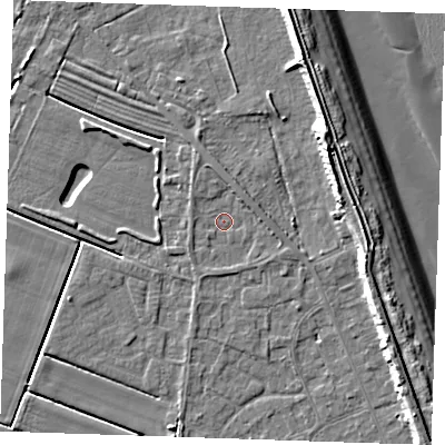 Shaded relief map of the ground around LN122LQ, computed from Environment Agency LiDAR. The ground here sits at about 2 m above sea level and falls 11 m across the surrounding 800 m. Surface water reaching this point runs off ground lying to the south-south-east, 0.7 m higher.