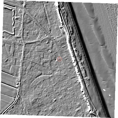 Shaded relief map of the ground around LN122LR, computed from Environment Agency LiDAR. The ground here sits at about 2 m above sea level and falls 12 m across the surrounding 800 m. Surface water reaching this point runs off ground lying to the north-north-east, 5.4 m higher.