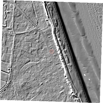 Shaded relief map of the ground around LN122LT, computed from Environment Agency LiDAR. The ground here sits at about 2 m above sea level and falls 12 m across the surrounding 800 m. Surface water reaching this point runs off ground lying to the north, 5.4 m higher.