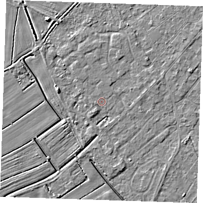 Shaded relief map of the ground around LN122LU, computed from Environment Agency LiDAR. The ground here sits at about 2 m above sea level and falls 5 m across the surrounding 800 m. Surface water reaching this point runs off ground lying to the south-south-west, 2.8 m higher.