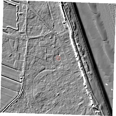 Shaded relief map of the ground around LN122LW, computed from Environment Agency LiDAR. The ground here sits at about 2 m above sea level and falls 11 m across the surrounding 800 m. Surface water reaching this point runs off ground lying to the north, 1.5 m higher.