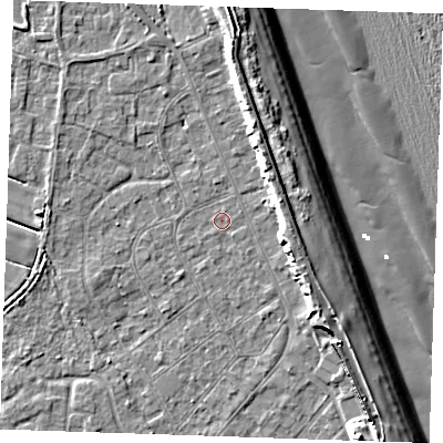 Shaded relief map of the ground around LN122LX, computed from Environment Agency LiDAR. The ground here sits at about 2 m above sea level and falls 11 m across the surrounding 800 m. Surface water reaching this point runs off ground lying to the north-east, 5.9 m higher.