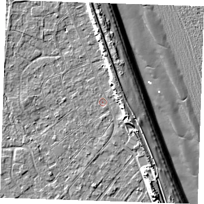 Shaded relief map of the ground around LN122LY, computed from Environment Agency LiDAR. The ground here sits at about 2 m above sea level and falls 13 m across the surrounding 800 m. Surface water reaching this point runs off ground lying to the south-south-east, 0.5 m higher.