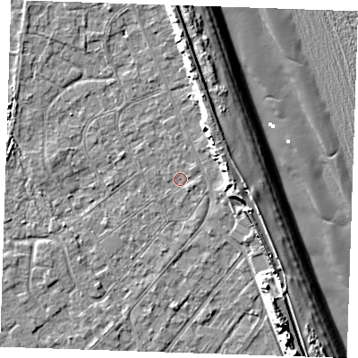 Shaded relief map of the ground around LN122LZ, computed from Environment Agency LiDAR. The ground here sits at about 2 m above sea level and falls 13 m across the surrounding 800 m. Surface water reaching this point runs off ground lying to the east-north-east, 5.6 m higher.