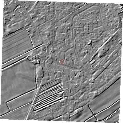 Shaded relief map of the ground around LN122NA, computed from Environment Agency LiDAR. The ground here sits at about 2 m above sea level and falls 9 m across the surrounding 800 m. Surface water reaching this point runs off ground lying to the west-north-west, 0.8 m higher.