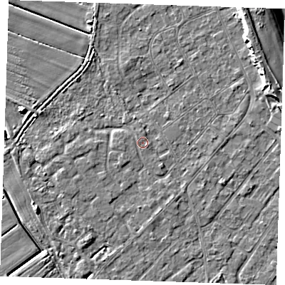 Shaded relief map of the ground around LN122ND, computed from Environment Agency LiDAR. The ground here sits at about 2 m above sea level and falls 8 m across the surrounding 800 m. Surface water reaching this point runs off ground lying to the east-north-east, 5.1 m higher.