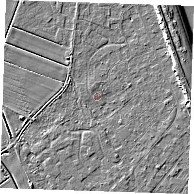 Shaded relief map of the ground around LN122NE, computed from Environment Agency LiDAR. The ground here sits at about 2 m above sea level and falls 8 m across the surrounding 800 m. Surface water reaching this point runs off ground lying to the north-east, 6.4 m higher.