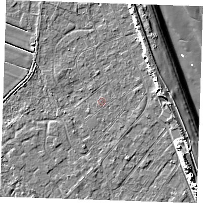 Shaded relief map of the ground around LN122NF, computed from Environment Agency LiDAR. The ground here sits at about 2 m above sea level and falls 13 m across the surrounding 800 m. The ground contributing surface water to this point lies to the south-west.