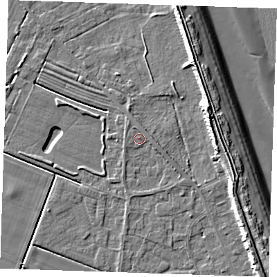 Shaded relief map of the ground around LN122NG, computed from Environment Agency LiDAR. The ground here sits at about 3 m above sea level and falls 11 m across the surrounding 800 m. Surface water reaching this point runs off ground lying to the east-south-east, 1.3 m higher.