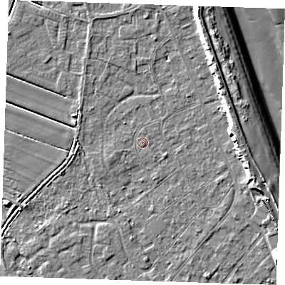 Shaded relief map of the ground around LN122NH, computed from Environment Agency LiDAR. The ground here sits at about 2 m above sea level and falls 10 m across the surrounding 800 m. Surface water reaching this point runs off ground lying to the north-east, 6.6 m higher.