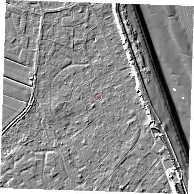 Shaded relief map of the ground around LN122NJ, computed from Environment Agency LiDAR. The ground here sits at about 2 m above sea level and falls 12 m across the surrounding 800 m. Surface water reaching this point runs off ground lying to the north-east, 6.0 m higher.