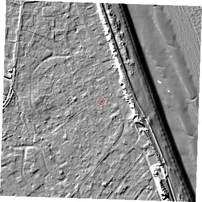 Shaded relief map of the ground around LN122NL, computed from Environment Agency LiDAR. The ground here sits at about 2 m above sea level and falls 13 m across the surrounding 800 m. Surface water reaching this point runs off ground lying to the east-south-east, 0.5 m higher.