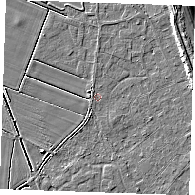 Shaded relief map of the ground around LN122NN, computed from Environment Agency LiDAR. The ground here sits at about 2 m above sea level and falls 8 m across the surrounding 800 m. Surface water reaching this point runs off ground lying to the north-north-west, 0.7 m higher.