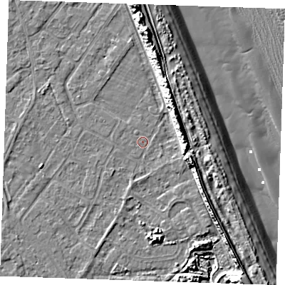 Shaded relief map of the ground around LN122NP, computed from Environment Agency LiDAR. The ground here sits at about 2 m above sea level and falls 14 m across the surrounding 800 m. Surface water reaching this point runs off ground lying to the south, 0.7 m higher.
