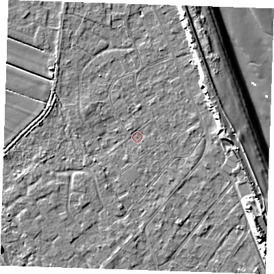 Shaded relief map of the ground around LN122NQ, computed from Environment Agency LiDAR. The ground here sits at about 2 m above sea level and falls 13 m across the surrounding 800 m. Surface water reaching this point runs off ground lying to the east-north-east, 5.9 m higher.