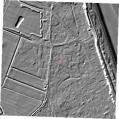 Shaded relief map of the ground around LN122NR, computed from Environment Agency LiDAR. The ground here sits at about 2 m above sea level and falls 11 m across the surrounding 800 m. Surface water reaching this point runs off ground lying to the north, 1.4 m higher.