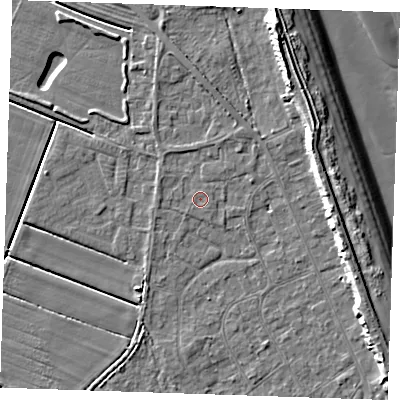 Shaded relief map of the ground around LN122NS, computed from Environment Agency LiDAR. The ground here sits at about 2 m above sea level and falls 11 m across the surrounding 800 m. Surface water reaching this point runs off ground lying to the north, 1.4 m higher.
