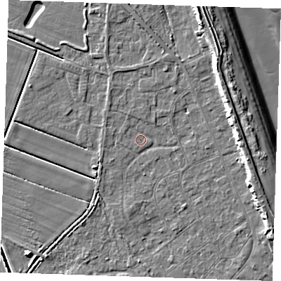 Shaded relief map of the ground around LN122NT, computed from Environment Agency LiDAR. The ground here sits at about 2 m above sea level and falls 10 m across the surrounding 800 m. Surface water reaching this point runs off ground lying to the north-north-west, 1.1 m higher.