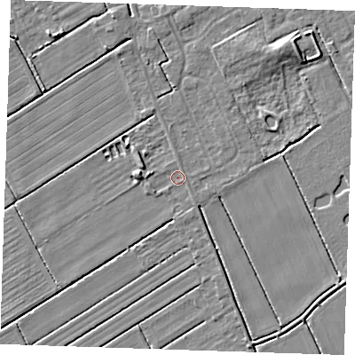 Shaded relief map of the ground around LN122NU, computed from Environment Agency LiDAR. The ground here sits at about 2 m above sea level and falls 5 m across the surrounding 800 m. Surface water reaching this point runs off ground lying to the west, 1.4 m higher.