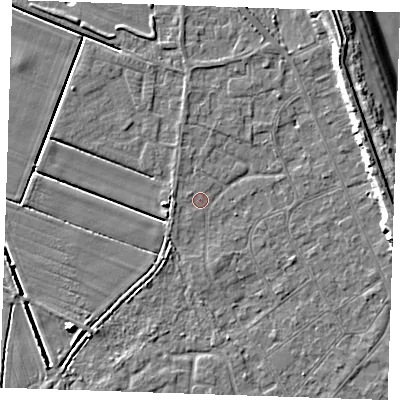 Shaded relief map of the ground around LN122NW, computed from Environment Agency LiDAR. The ground here sits at about 2 m above sea level and falls 8 m across the surrounding 800 m. Surface water reaching this point runs off ground lying to the west-north-west, 0.9 m higher.