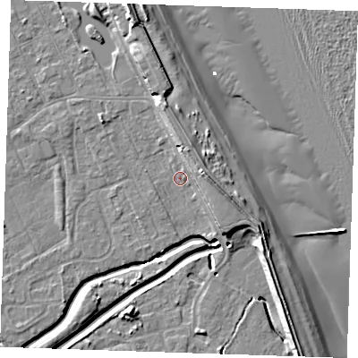 Shaded relief map of the ground around LN122PA, computed from Environment Agency LiDAR. The ground here sits at about 2 m above sea level and falls 11 m across the surrounding 800 m. Surface water reaching this point runs off ground lying to the north-east, 5.0 m higher.