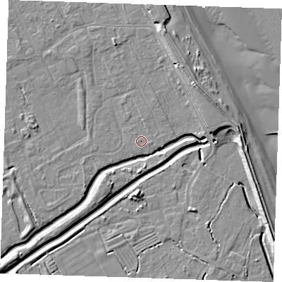 Shaded relief map of the ground around LN122PB, computed from Environment Agency LiDAR. The ground here sits at about 2 m above sea level and falls 10 m across the surrounding 800 m. Surface water reaching this point runs off ground lying to the east, 0.5 m higher.