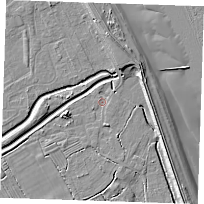 Shaded relief map of the ground around LN122PD, computed from Environment Agency LiDAR. The ground here sits at about 2 m above sea level and falls 11 m across the surrounding 800 m. Surface water reaching this point runs off ground lying to the south-south-east, 1.9 m higher.