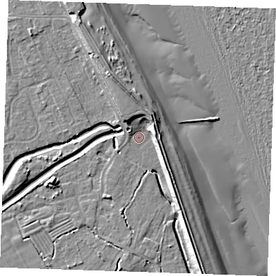Shaded relief map of the ground around LN122PE, computed from Environment Agency LiDAR. The ground here sits at about 2 m above sea level and falls 11 m across the surrounding 800 m. Surface water reaching this point runs off ground lying to the north, 5.6 m higher.
