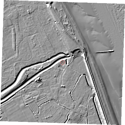 Shaded relief map of the ground around LN122PF, computed from Environment Agency LiDAR. The ground here sits at about 2 m above sea level and falls 11 m across the surrounding 800 m. Surface water reaching this point runs off ground lying to the north, 8.9 m higher.