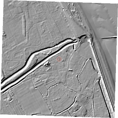 Shaded relief map of the ground around LN122PG, computed from Environment Agency LiDAR. The ground here sits at about 2 m above sea level and falls 10 m across the surrounding 800 m. Surface water reaching this point runs off ground lying to the west-south-west, 3.9 m higher.
