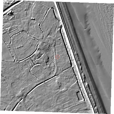 Shaded relief map of the ground around LN122PH, computed from Environment Agency LiDAR. The ground here sits at about 2 m above sea level and falls 10 m across the surrounding 800 m. Surface water reaching this point runs off ground lying to the west-north-west, 2.8 m higher.