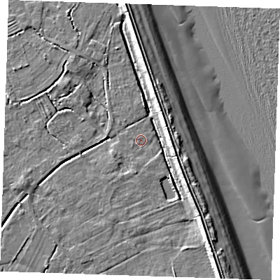 Shaded relief map of the ground around LN122PJ, computed from Environment Agency LiDAR. The ground here sits at about 2 m above sea level and falls 10 m across the surrounding 800 m. Surface water reaching this point runs off ground lying to the south-east, 7.8 m higher.