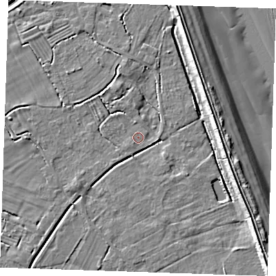 Shaded relief map of the ground around LN122PL, computed from Environment Agency LiDAR. The ground here sits at about 2 m above sea level and falls 10 m across the surrounding 800 m. Surface water reaching this point runs off ground lying to the south-west, 1.2 m higher.