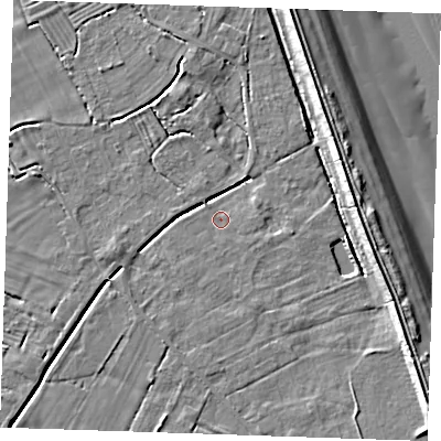 Shaded relief map of the ground around LN122PN, computed from Environment Agency LiDAR. The ground here sits at about 2 m above sea level and falls 10 m across the surrounding 800 m. Surface water reaching this point runs off ground lying to the west-south-west, 2.7 m higher.