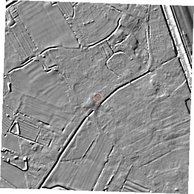 Shaded relief map of the ground around LN122PP, computed from Environment Agency LiDAR. The ground here sits at about 2 m above sea level and falls 8 m across the surrounding 800 m. Surface water reaching this point runs off ground lying to the south-west, 0.8 m higher.