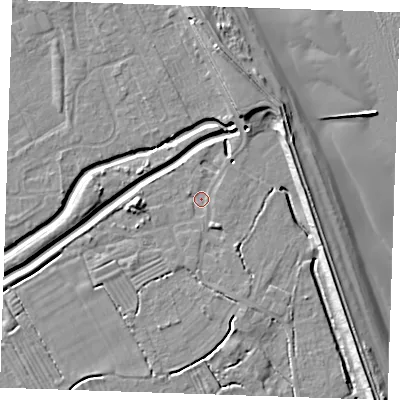 Shaded relief map of the ground around LN122PQ, computed from Environment Agency LiDAR. The ground here sits at about 2 m above sea level and falls 11 m across the surrounding 800 m. Surface water reaching this point runs off ground lying to the south-south-east, 1.9 m higher.