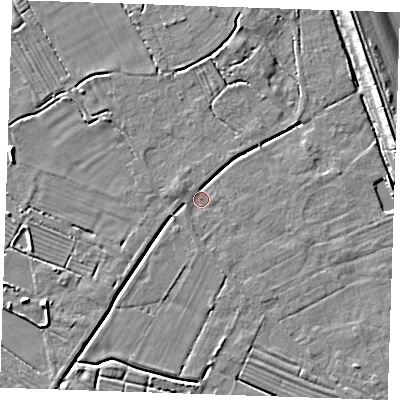 Shaded relief map of the ground around LN122PR, computed from Environment Agency LiDAR. The ground here sits at about 2 m above sea level and falls 8 m across the surrounding 800 m. Surface water reaching this point runs off ground lying to the east-south-east, 1.0 m higher.