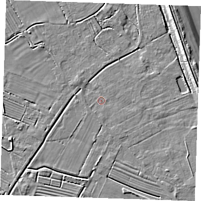Shaded relief map of the ground around LN122PS, computed from Environment Agency LiDAR. The ground here sits at about 2 m above sea level and falls 8 m across the surrounding 800 m. Surface water reaching this point runs off ground lying to the east, 0.9 m higher.