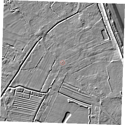 Shaded relief map of the ground around LN122PT, computed from Environment Agency LiDAR. The ground here sits at about 2 m above sea level and falls 8 m across the surrounding 800 m. The ground contributing surface water to this point lies to the west-north-west.