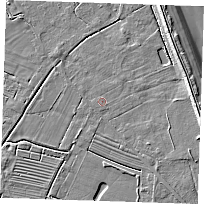 Shaded relief map of the ground around LN122PU, computed from Environment Agency LiDAR. The ground here sits at about 2 m above sea level and falls 9 m across the surrounding 800 m. Surface water reaching this point runs off ground lying to the east, 6.9 m higher.